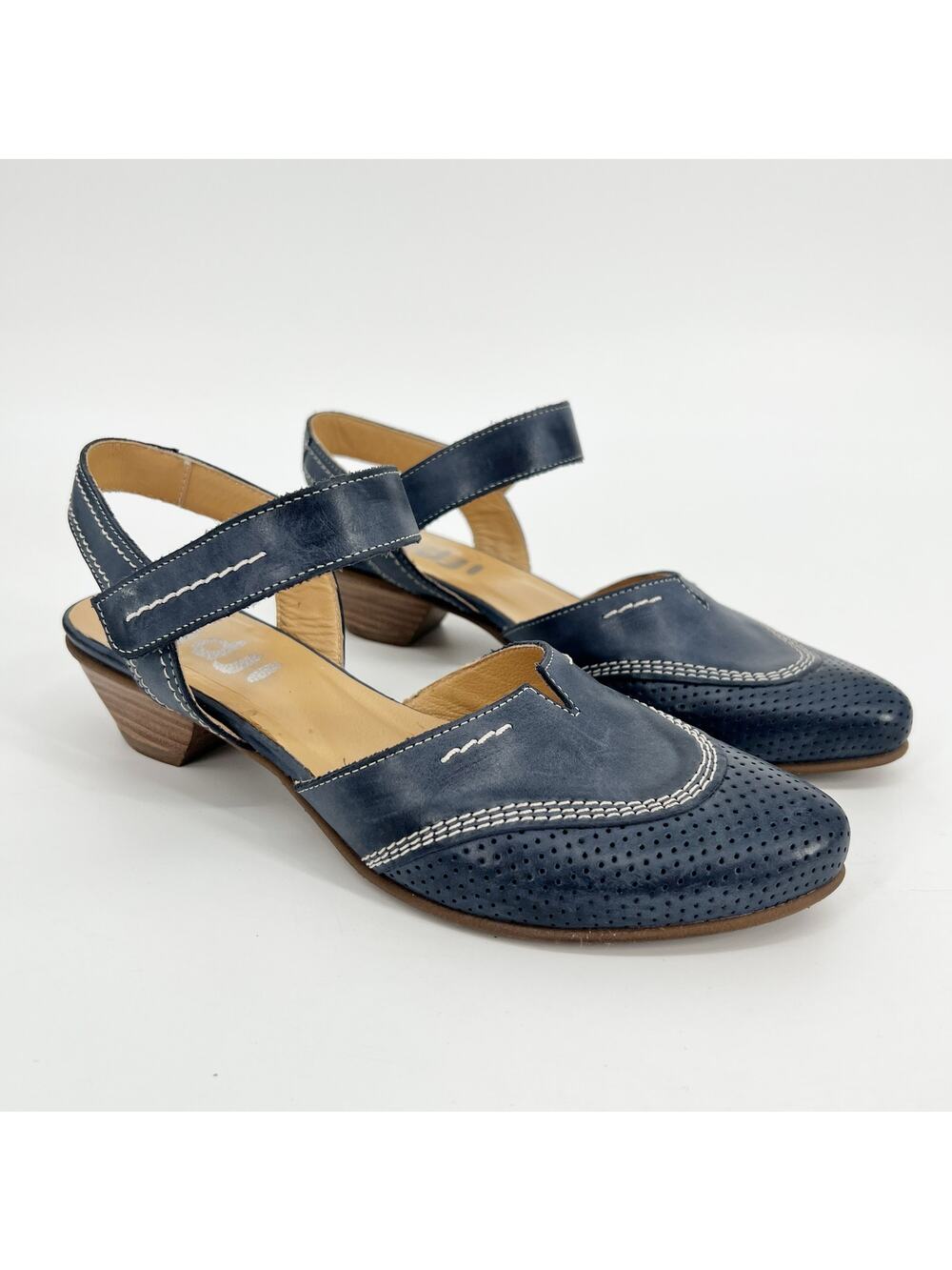 Fidji Sandals Womens EU 36 US 5.5-6 Blue Leather Closed Toe Ankle Strap Low Heel